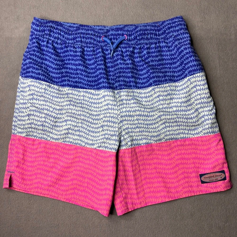 Vineyard Vines Swim Trunks Boys XL 18 Blue Pink White Colorblock Geometric Print